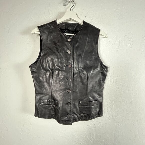 Banana Republic Women Black Genuine Leather Button Down Vest Jacket Size 6 Lined - Picture 1 of 8